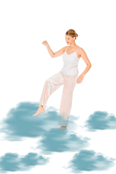  девушка в пижаме левитирует с голубым облаком иллюстрации
 