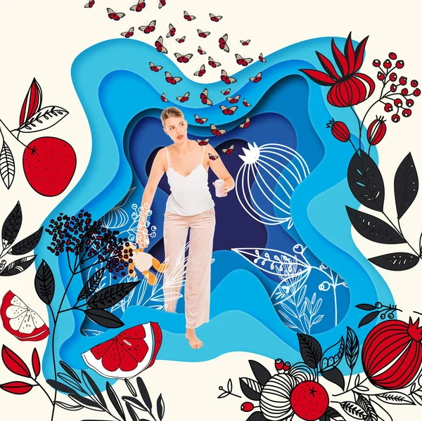 Meisje Pyjama Houden Van Glas Teddybeer Met Geschilderde Wildflowers Illustratie — Stockfoto