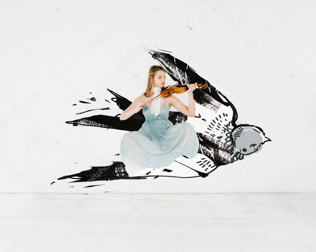 floating girl in blue dress playing violin with bird illustration