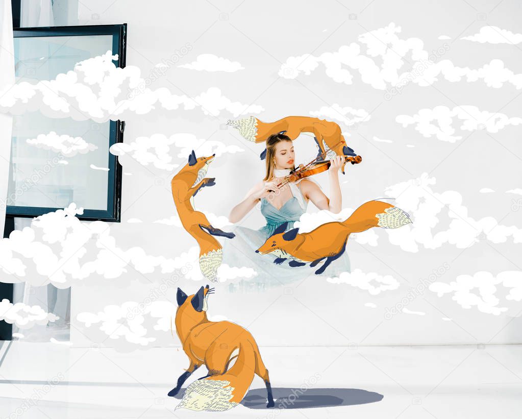  girl in blue dress playing violin with foxes illustration 