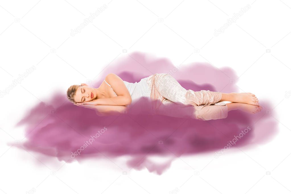  girl in pyjamas sleeping with purple cloud illustration 