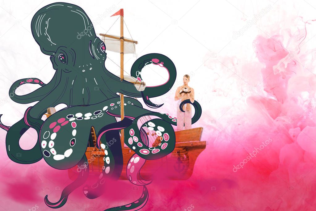 girl holding teddy bear and standing on ship model with octopus illustration 