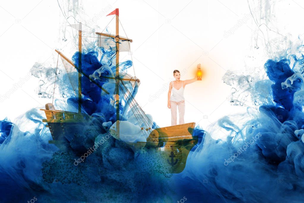 girl holding lanter and standing on ship model with blue cloud illustration 