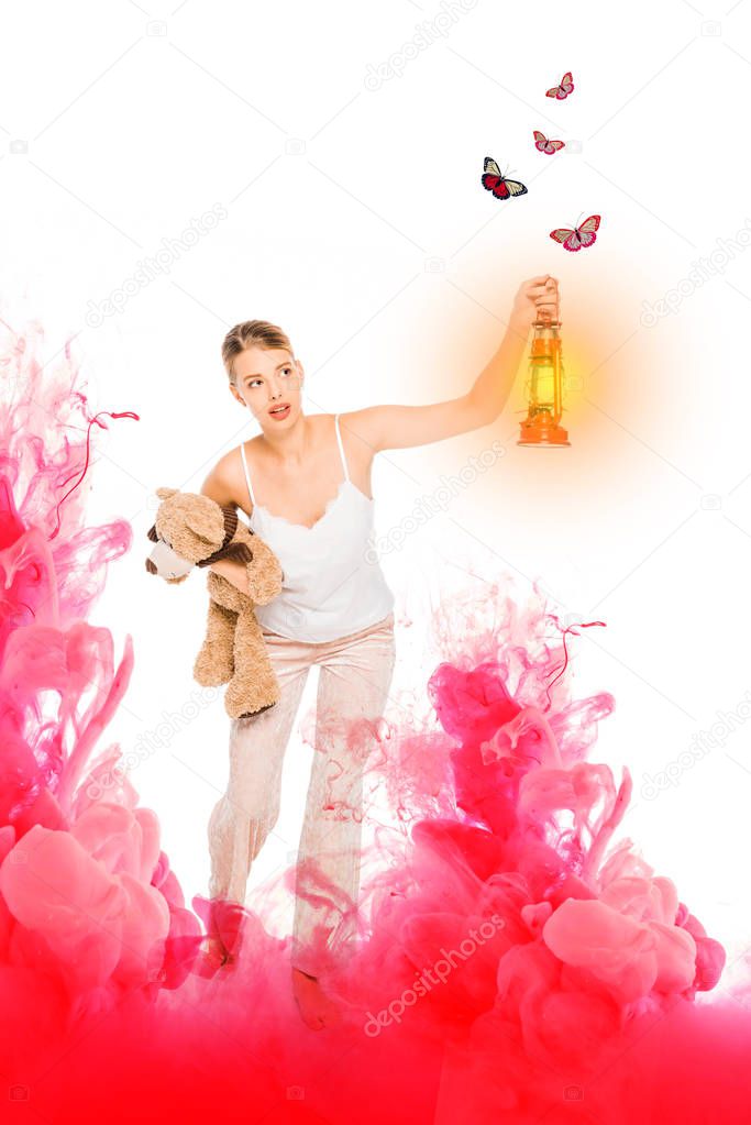 girl in pyjamas holding lantern, teddy bear with pink cloud illustration