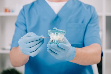 çene modeli klinikte tutan ortodontist kırpılmış görünümünü