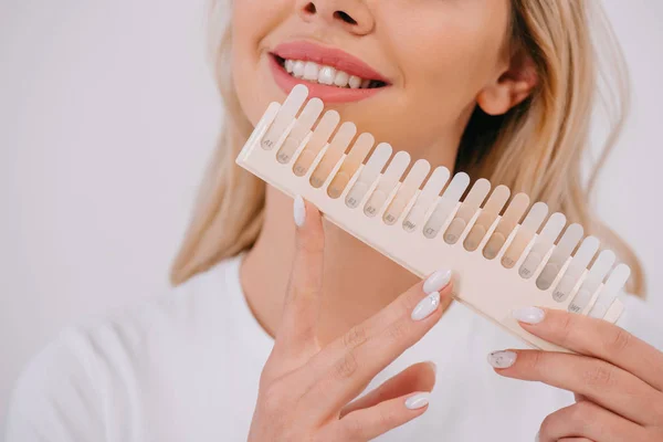 Partial View Smiling Woman Holding Teeth Color Palette Isolated White — Stock Photo, Image