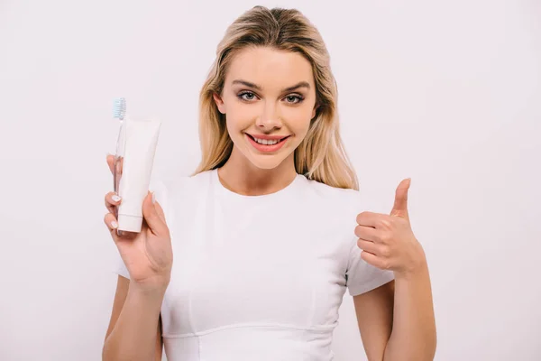 Beautiful Woman Showing Thumb Sign While Holding Toothbrush Toothpaste Copy — Stock Photo, Image