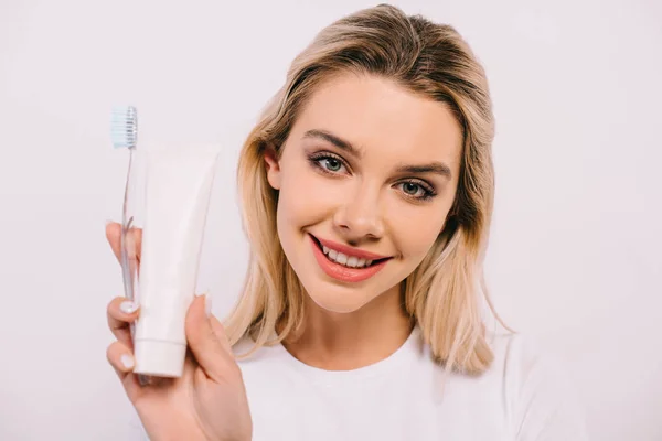 Beautiful Smiling Woman Holding Toothbrush Toothpaste Copy Space Isolated White — Stock Photo, Image