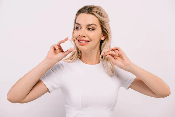 Beautiful Smiling Woman Holding Dental Floss Looking Away Isolated White — Stock Photo, Image