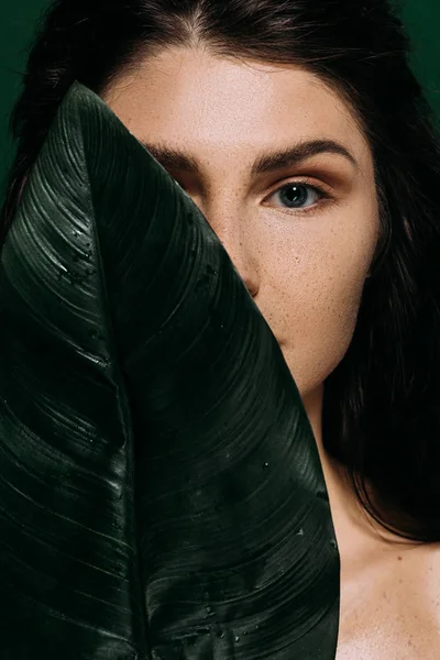 Красива Жінка Ідеальною Шкірою Позує Зеленим Пальмовим Листом — стокове фото