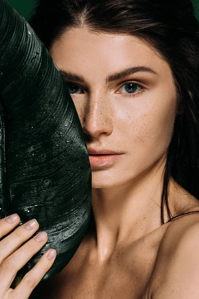 Hermosa Mujer Con Pecas Posando Con Hoja Verde Tropical —  Fotos de Stock