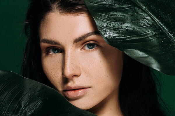 attractive woman with freckles on face posing with palm leaves isolated on green