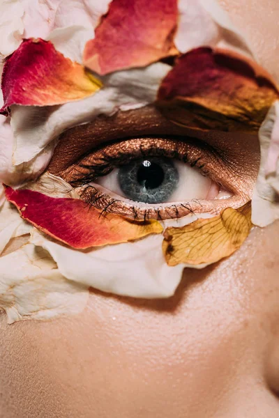 目の周りの花の花びらを持つ少女のクローズ アップ — ストック写真