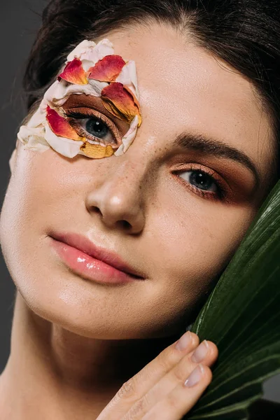 Tender Woman Floral Petals Eye Holding Green Leaf Isolated Grey — Stock Photo, Image