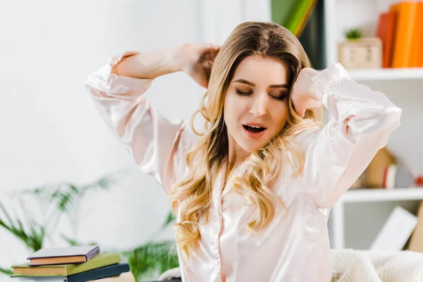 Beautiful Curly Woman Pyjamas Stretching Yawning Morning — Stock Photo, Image