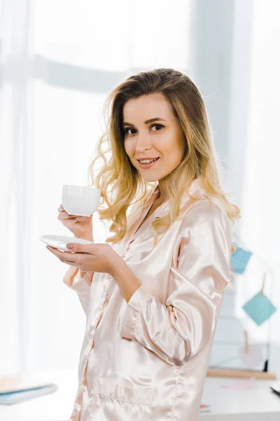 Pretty Girl Satin Pyjamas Drinking Coffee Morning Looking Camera — Stock Photo, Image