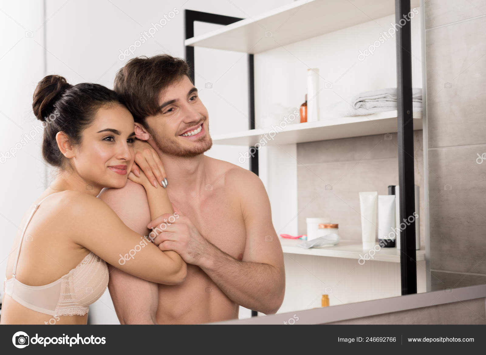 Shirtless Man Woman Lace Underwear Hugging Smiling Bathroom Stock Photo By Igorvetushko 246692766