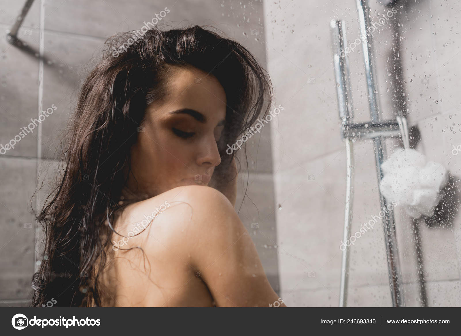 Brunette Naked Woman Taking Shower Cabin Stock Photo