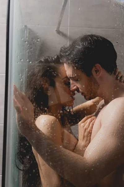 Selective Focus Sexy Couple Hugging Shower Cabin — Stock Photo, Image