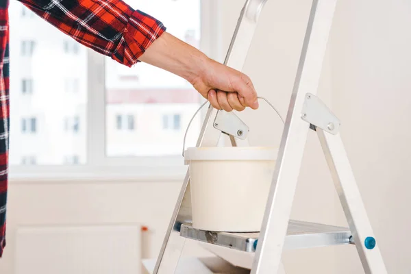 Cropped View Man Holding Paint Bucket Hand Ladder — Stock Photo, Image
