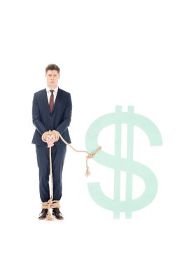 professional businessman bound with rope to dollar sign isolated on white clipart