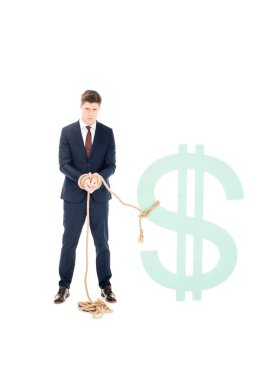 businessman bound with rope to dollar sign isolated on white clipart