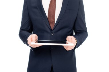 kırpılan görünümünü kullanarak dijital tablet üzerinde beyaz izole iş adamı