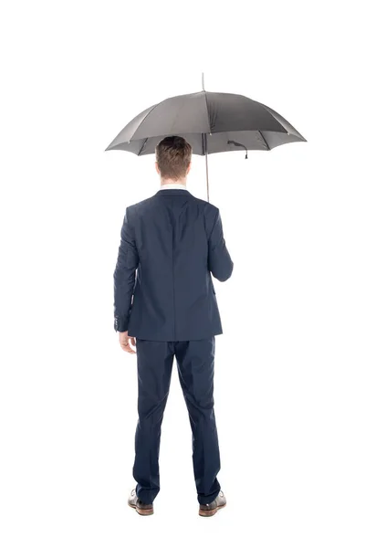 Nézet Hátulról Üzletember Állandó Elszigetelt Fehér Esernyő — Stock Fotó