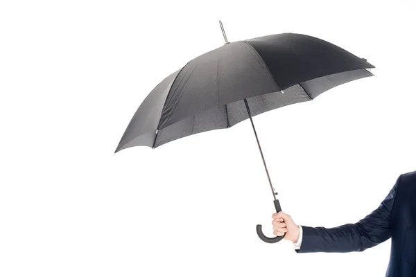 Oříznutý Pohled Podnikatel Drží Černý Deštník Izolované Bílém — Stock fotografie