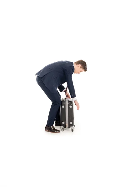 Young Businessman Suit Travel Bag Isolated White — Stock Photo, Image
