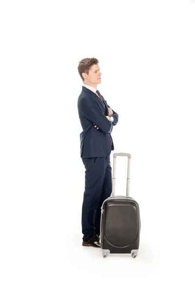 Joven Hombre Negocios Traje Con Maleta Para Viaje Negocios Aislado — Foto de Stock