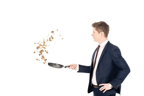 Young Businessman Coins Frying Pan Isolated White — Stock Photo, Image