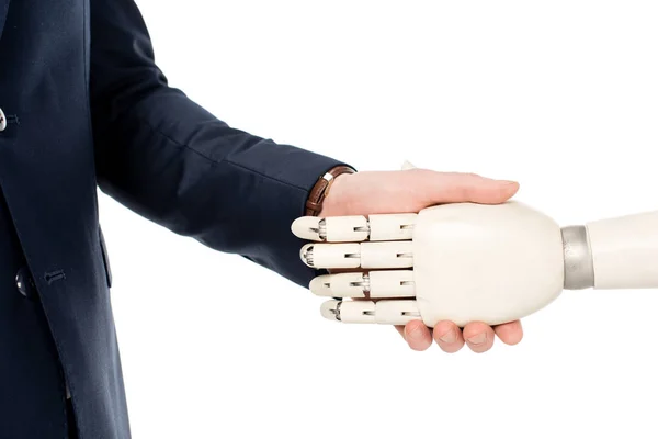 Cropped View Professional Businessman Shaking Hands Robot Isolated White — Stock Photo, Image