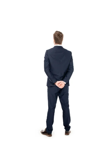 Πίσω Όψη Του Νεαρός Επιχειρηματίας Κοστούμι Στέκεται Απομονωθεί Λευκό — Φωτογραφία Αρχείου