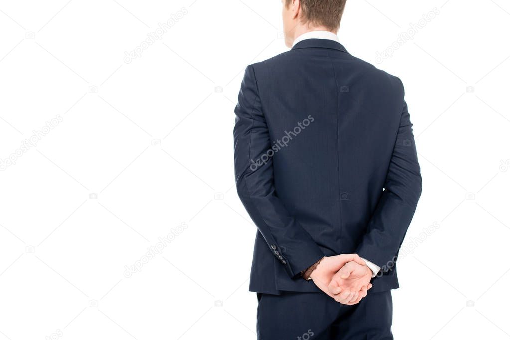 back view of businessman standing suit isolated on white