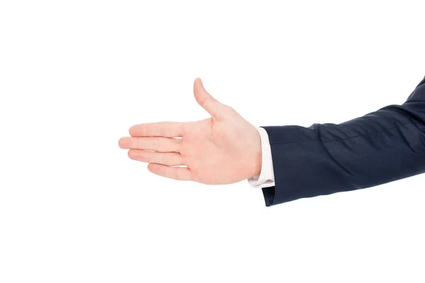 Hand Des Geschäftsmannes Anzug Isoliert Auf Weißem Hintergrund Teilansicht — Stockfoto