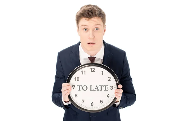 Shocked Businessman Holding Clock Late Lettering Isolated White — Stock Photo, Image