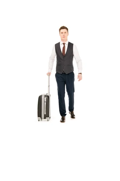 Homem Negócios Elegante Bonito Andando Com Mala Para Viagem Negócios — Fotografia de Stock