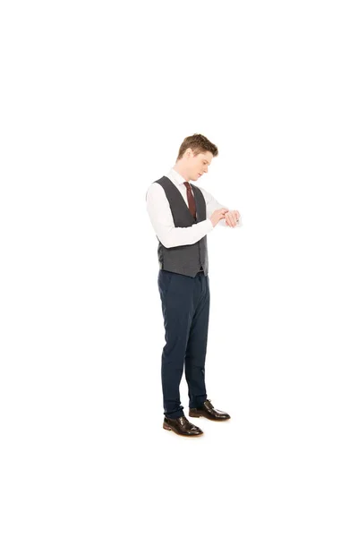 Homem Negócios Elegante Olhando Para Relógio Pulso Isolado Branco — Fotografia de Stock