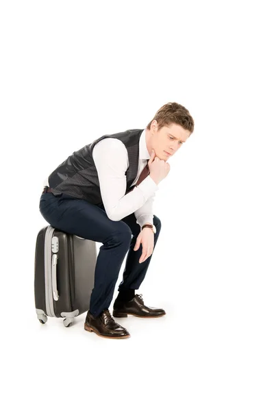Thoughtful Businessman Sitting Travel Bag Isolated White — Stock Photo, Image