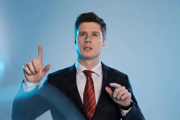 Selective Focus Young Businessman Touching Something Blue — Stock Photo, Image