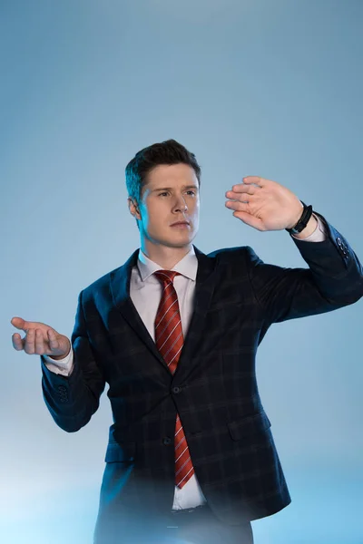 Selective Focus Professional Young Businessman Gesturing Blue — Stock Photo, Image