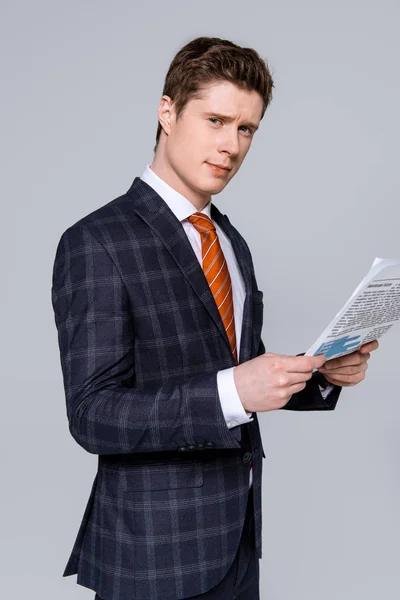 Stylish Young Businessman Suit Holding Newspaper Isolated Grey — Stock Photo, Image