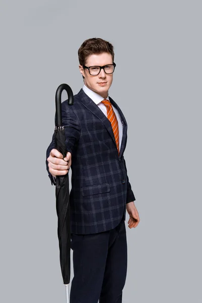 Studio Shot Stylish Businessman Posing Umbrella Isolated Grey — Stock Photo, Image