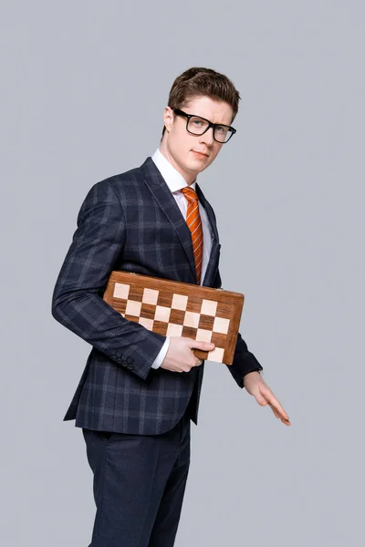 Handsome Young Businessman Chess Board Isolated Grey — Stock Photo, Image