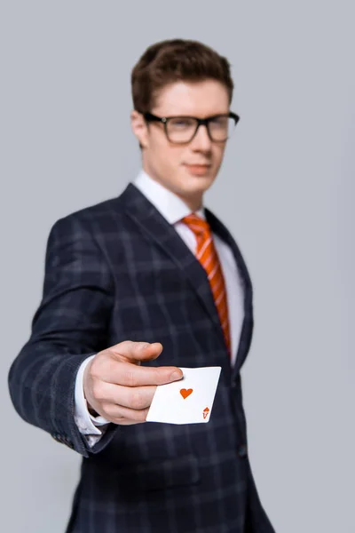 Selective Focus Stylish Businessman Holding Ace Isolated Grey — Stock Photo, Image