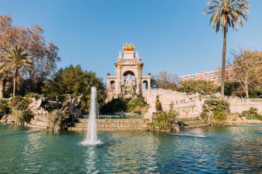 BARCELONA, SPAIN - DECEMBER 28, 2018: architectural ensemble and lake with fountains in Parc de la Ciutadella clipart
