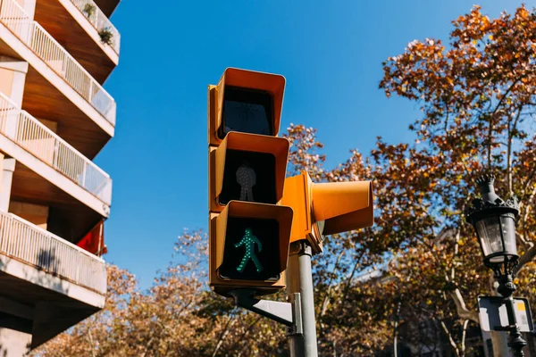 Trafikljus Med Grön Signal Hus Och Träd Bakgrund — Stockfoto