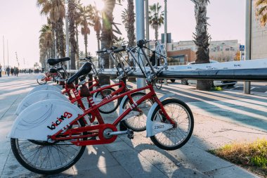 Barcelona, İspanya - 28 Aralık 2018: uzun boylu yeşil palmiye ağaçları ile güneşli Caddesi üzerinde park edilmiş Bisiklet