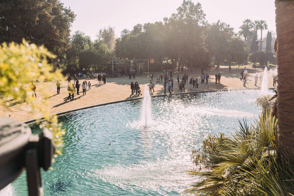 BARCELONA, SPAIN - DECEMBER 28, 2018: beautiful lake with fountains in Parc de la Ciutadella